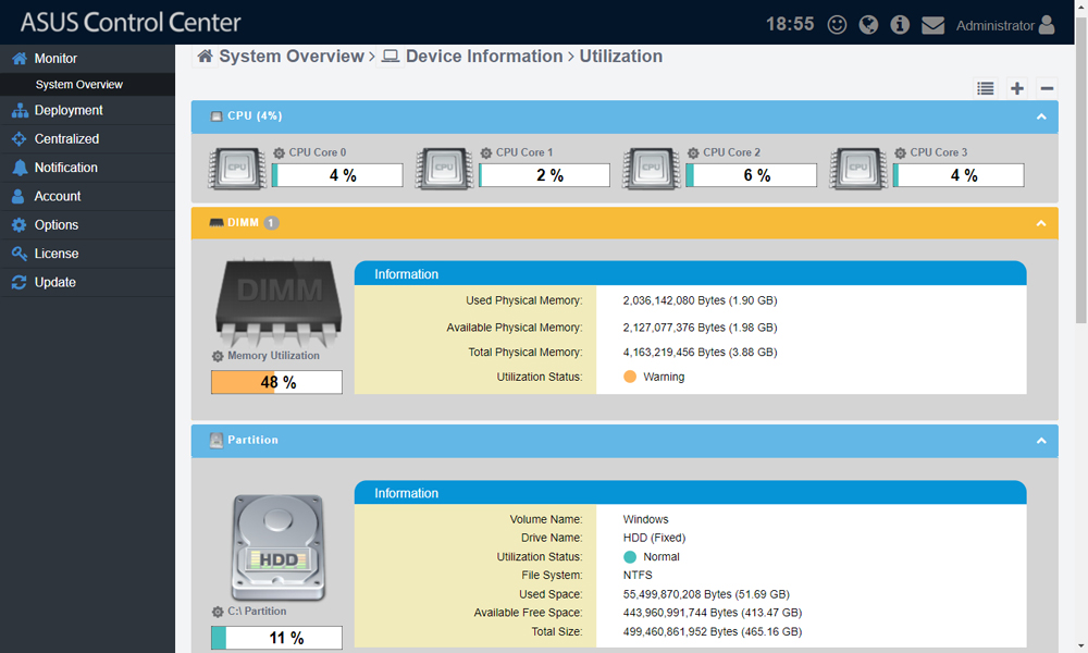 Dashboard gebruikersinterface van ASUS Control Center