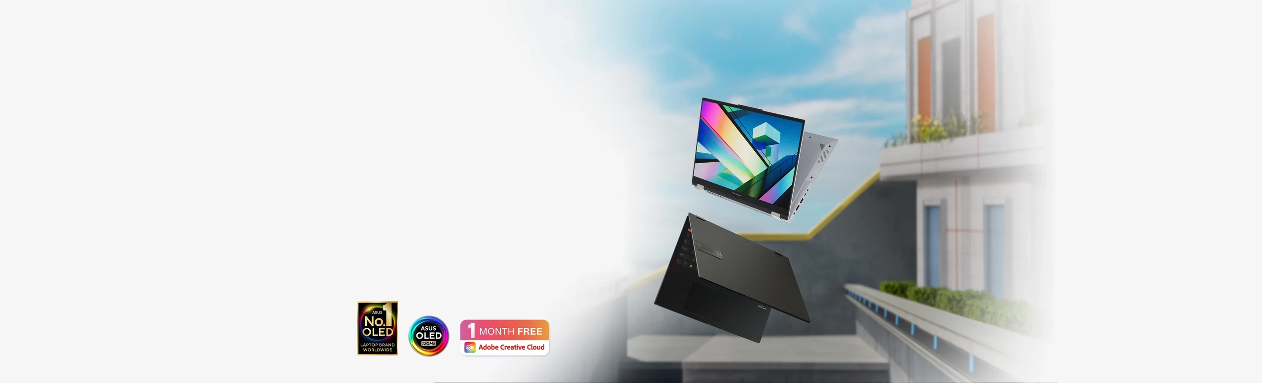 Vivobook S 16 Flip OLED presenting one black chassis in laptop mode, one silver in stand mode, with ASUS 120 Hz OLED badge, ASUS No.1 OLED badge and 1 month free Adobe Creative Cloud badge.