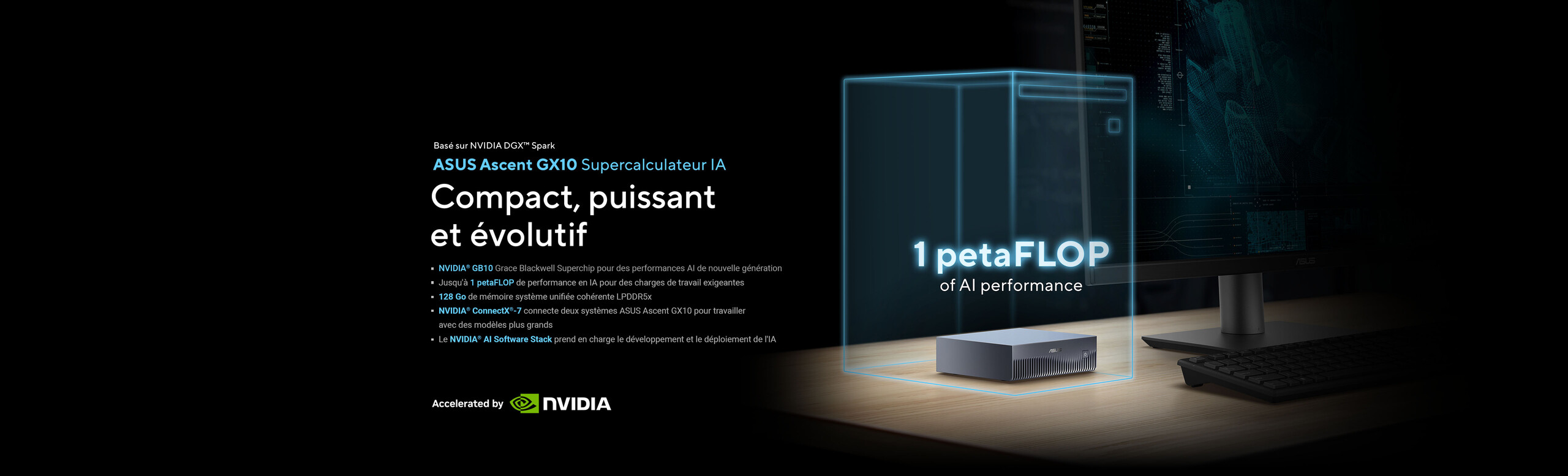 The ASUS Ascent GX10 is a compact desktop AI supercomputer, powered by the NVIDIA® GB10 Grace Blackwell Superchip and NVIDIA DGX™ Spark.