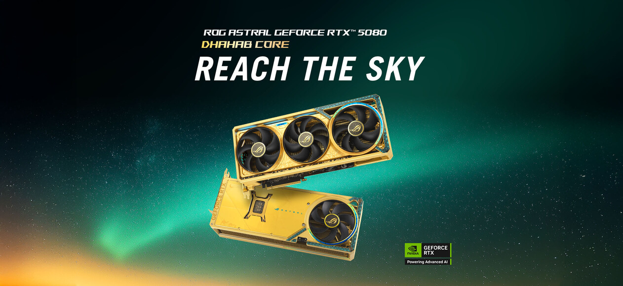 ROG Astral GeForce RTX 5080 Dhahab CORE front view and rear view floating in green starry galaxy