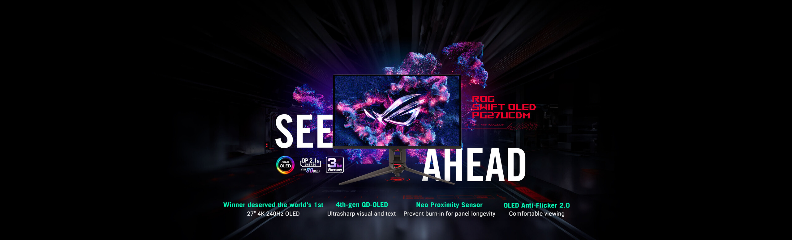 ROG Swift OLED PG27UCDM gaming monitor ― 27-inch (26.5-inch viewable) 4K QD-OLED panel, 240Hz, 0.03ms (GTG), OLED Anti-Flicker 2.0, custom heatsink, OLED Care Pro, Neo Proximity Sensor, G-SYNC®