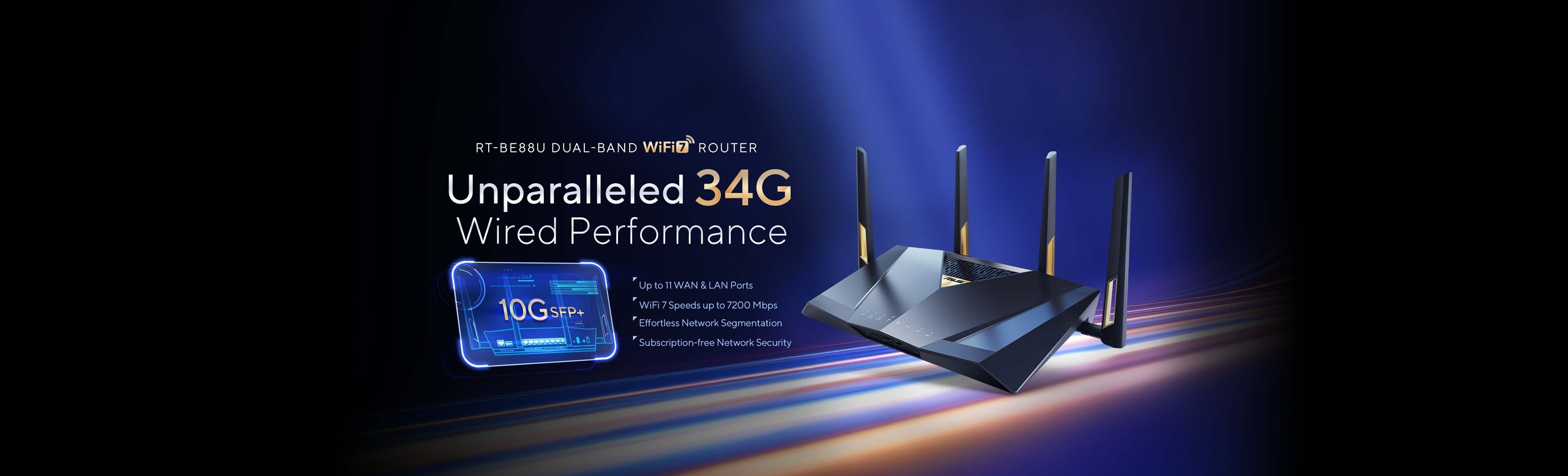 L'immagine mostra un router WiFi 7 ASUS RT-BE88U sullo sfondo di raggi luminosi che simboleggino la eccellente velocità fino a 34G
