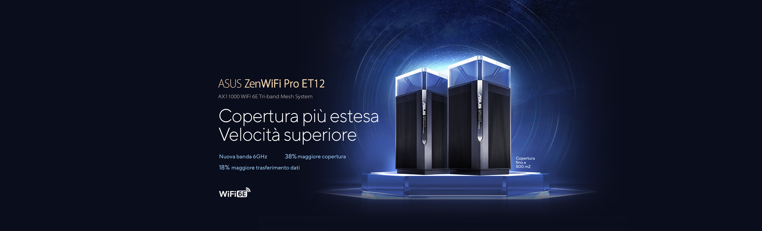 L'immagine mostra una pubblicità del ASUS ZenWiFi Pro ET12, un sistema mesh WiFi 6E tri-band. Ci sono due dispositivi neri e moderni al centro, messi in evidenza su uno sfondo scuro, con un'illuminazione blu.