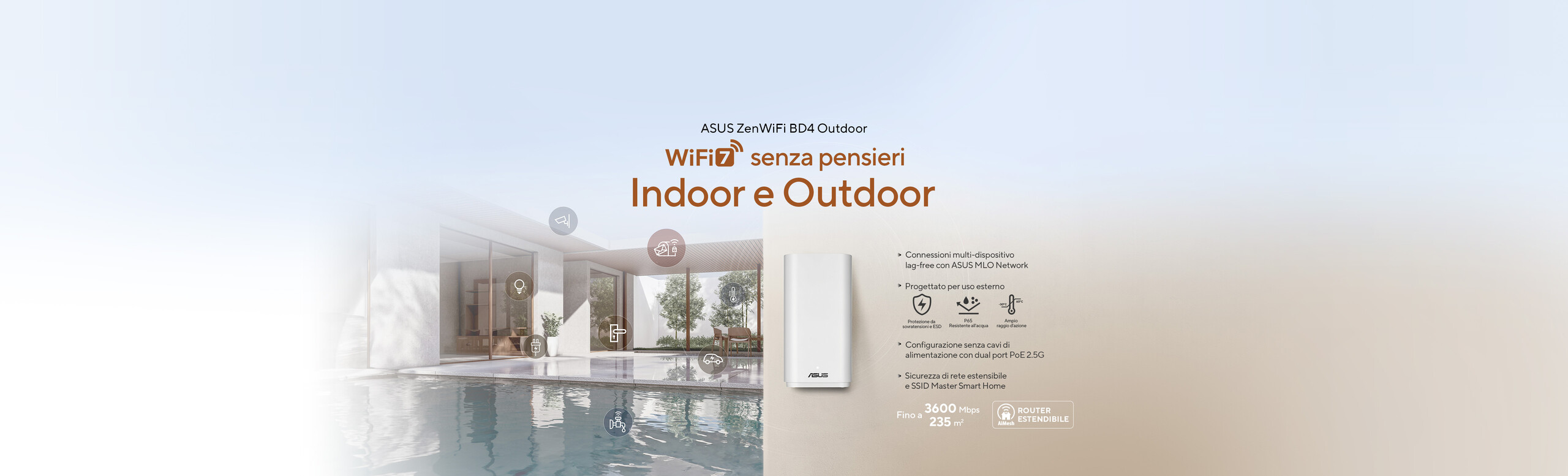 ASUS ZenWiFi BD4 Outdoor montato su una parete accanto alla piscina di casa, con icone di dispositivi IoT che fluttuano nell'aria.