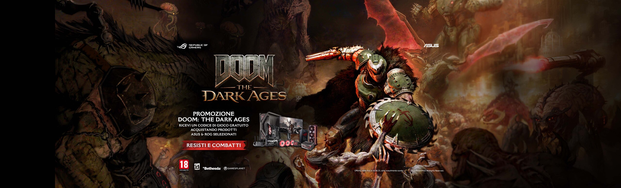 L'immagine mostra un'illustrazione promozionale per Doom: The Dark Ages. Al centro c'è un guerriero corazzato in combattimento con creature mostruose.