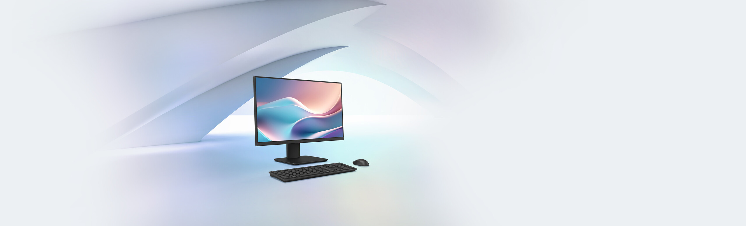 ASUS ExpertCenter P400 AiO rotit spre dreapta cu mous si tastatura in fara lui pozitionat in stanga imaginii