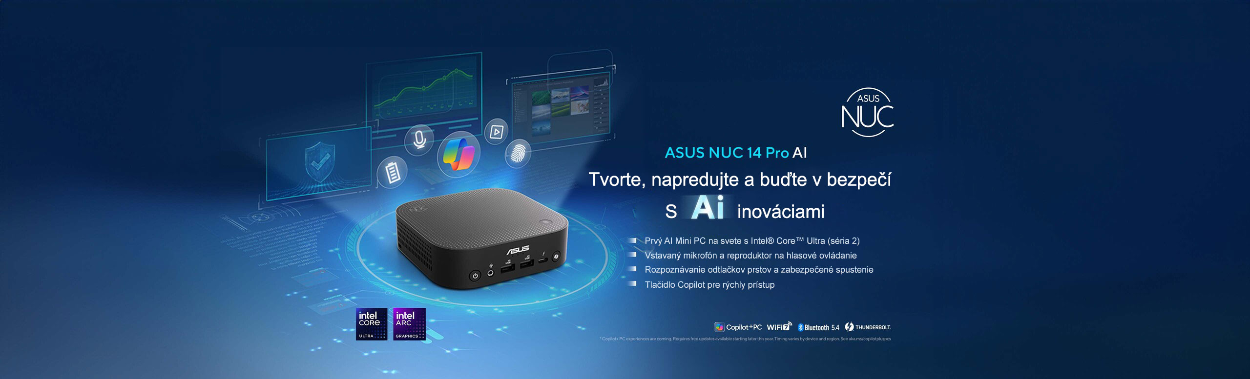 An ASUS NUC 14 Pro AI Mini PC with icons around it showcasing key features: Copilot+ PC, Wi-Fi 7, Voice Command, and Power Saving. Each icon highlights these unique product capabilities, creating a visually informative display of its strengths.