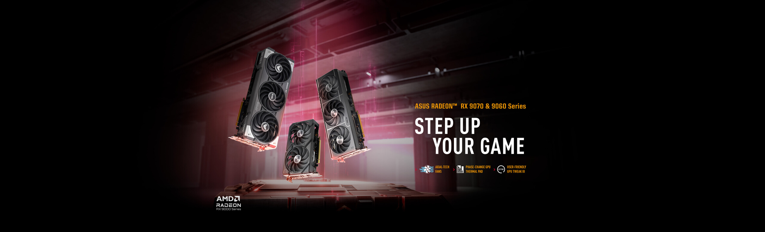 TUF Gaming, Prime and dual Radeon RX 9060 XT graphics card fly upward
