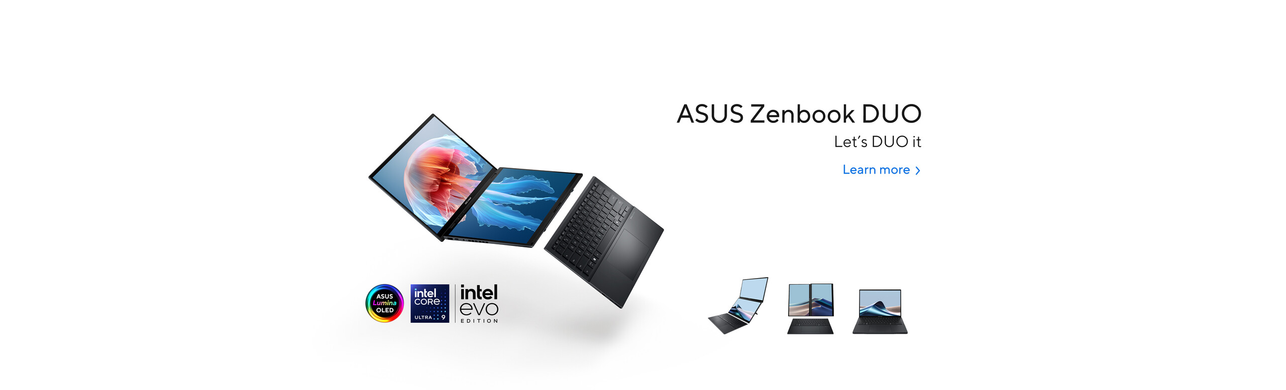 ASUS ZenBook Duo 2024 prikazan sa svoja dva ekrana na dodir jedan ispod drugog sa odvojenom bluetooth tastaturom i prikazanim oznakama Windows 11 i Intel