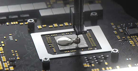 view of liquid metal compound on a cpu