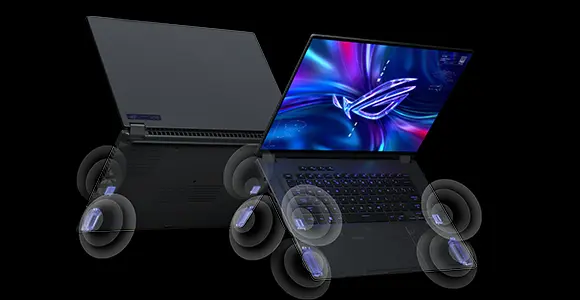 A front and rear view of the ROG Flow X16 laptop with the speakers highlighted on the top and bottom.