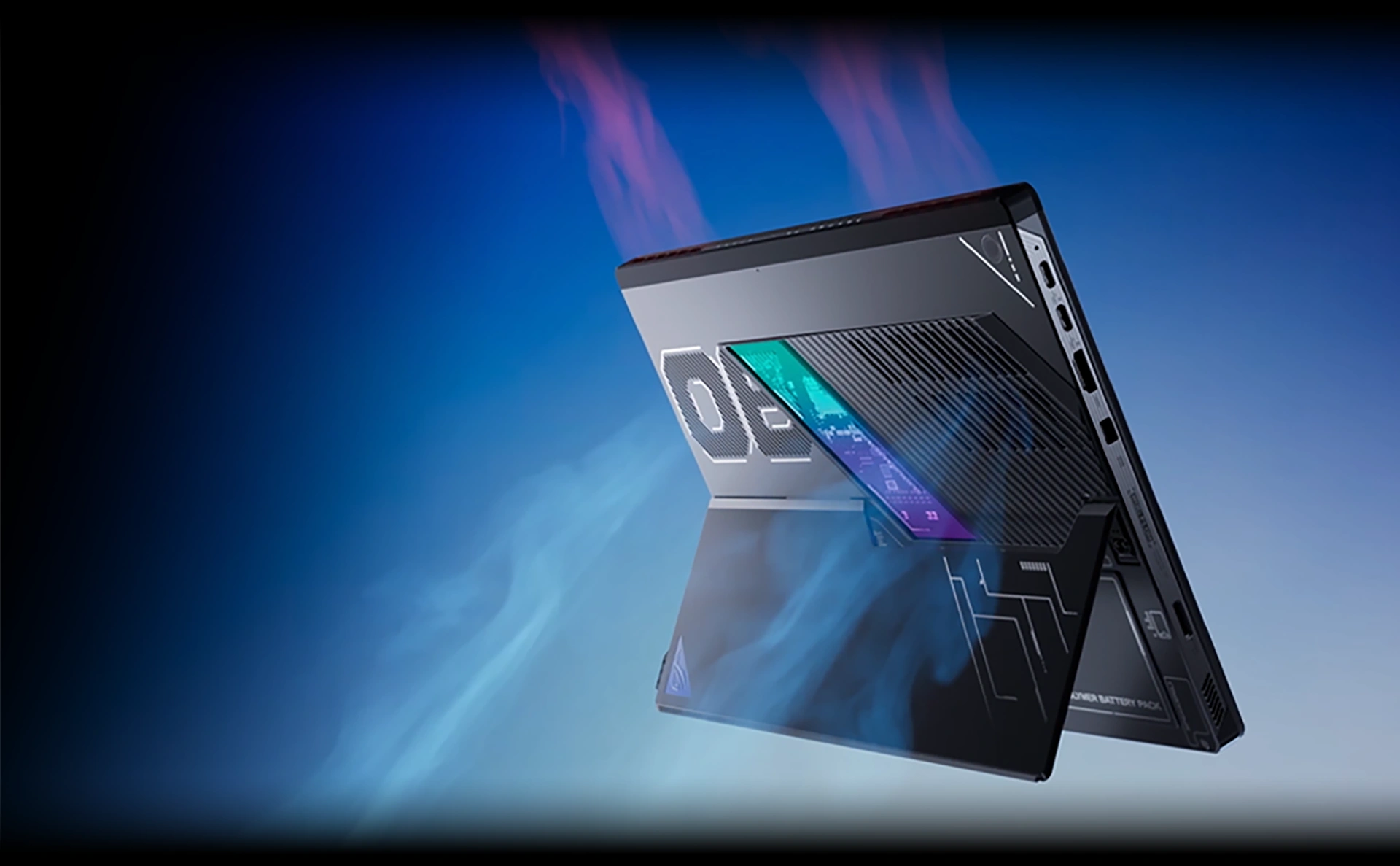 Set against a blue background, the Flow Z13 is shown in tablet mode with a computer-generated graphic illustrating airflow circulating through its rear vents.