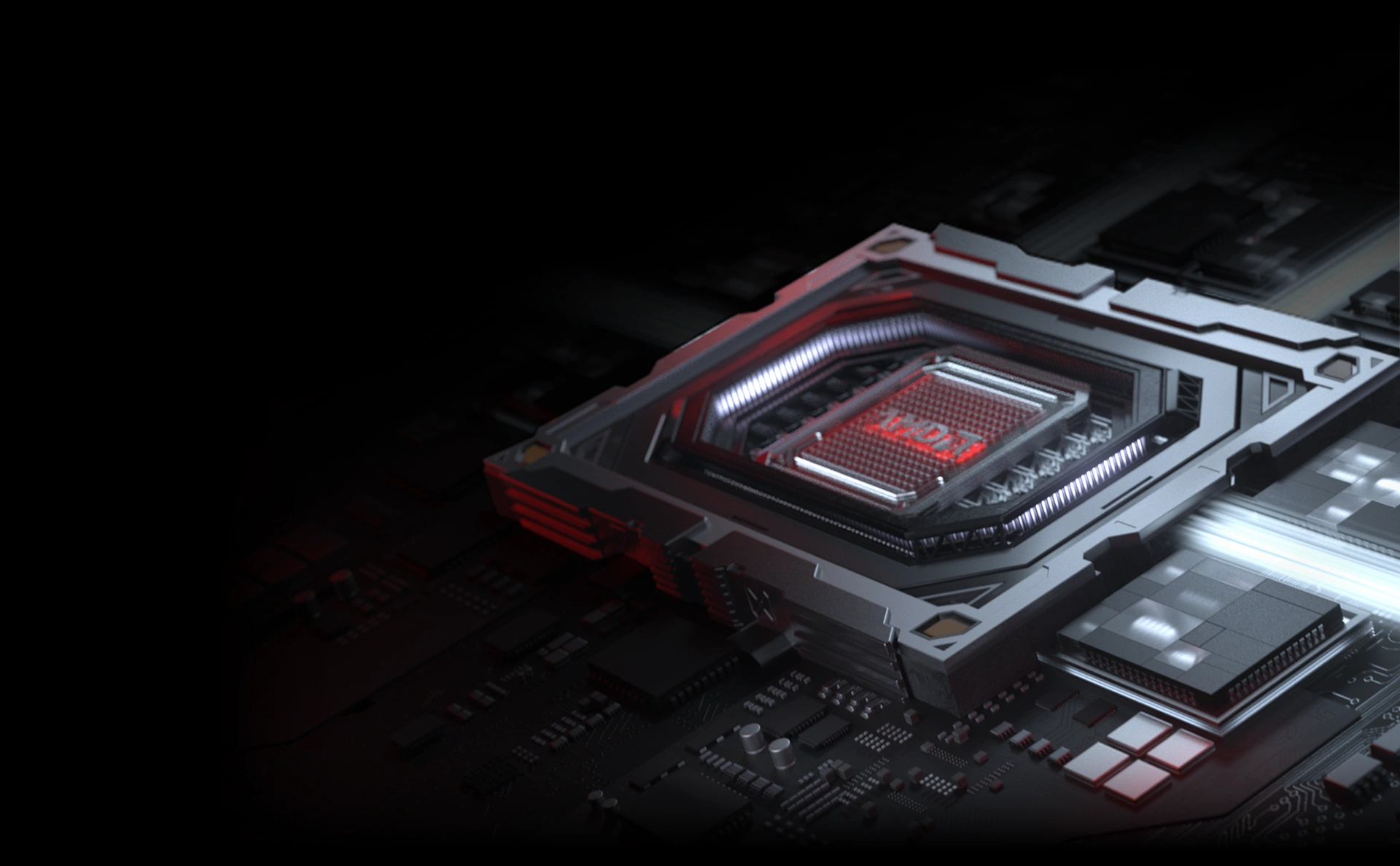 Computer generated graphic showing a AMD CPU socket on a motherboard.