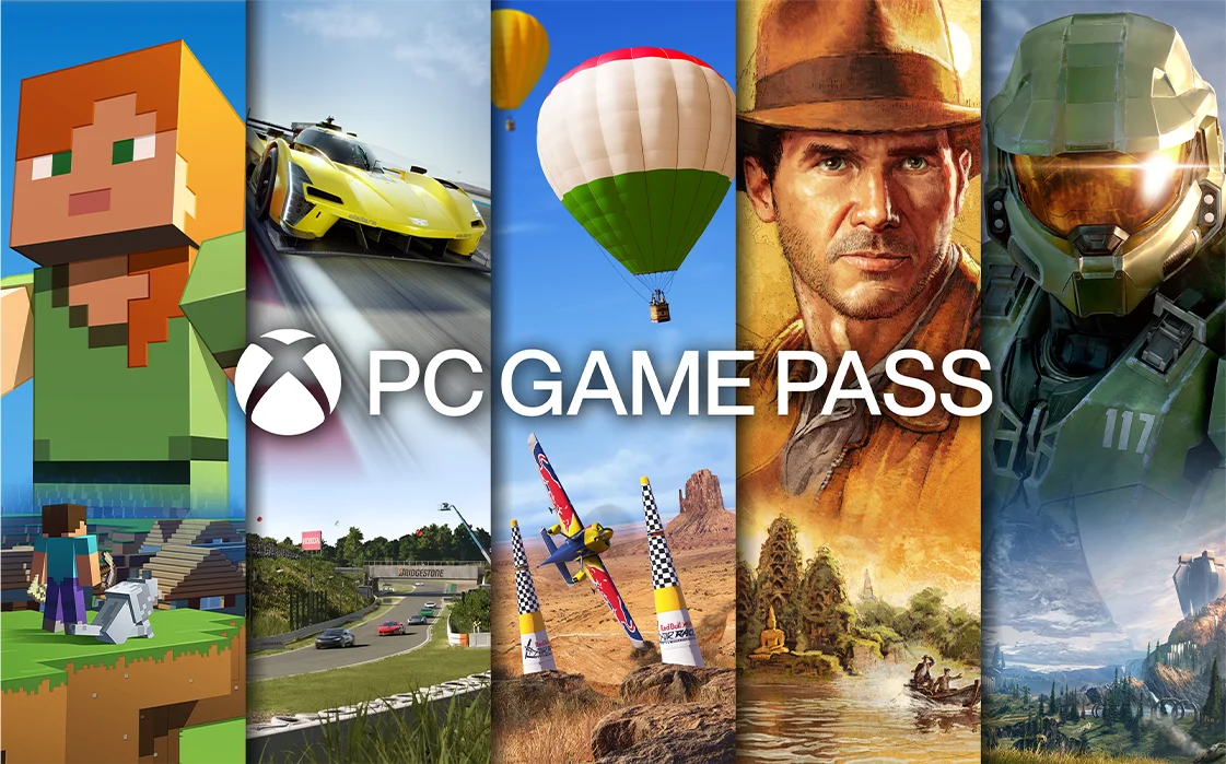 PC Game Pass promotional image, with Minecraft Legends, Forza, Microsoft Flight Simulator, Indiana Jones, and Halo represented among others. Text says PC GAME PASS.