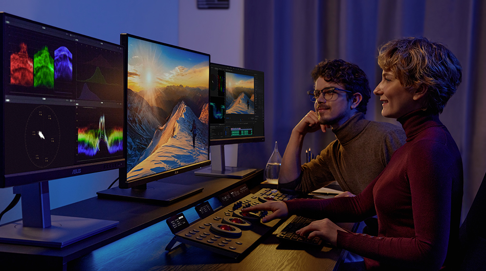 Two professional film producers calibrate their work using ProArt monitors