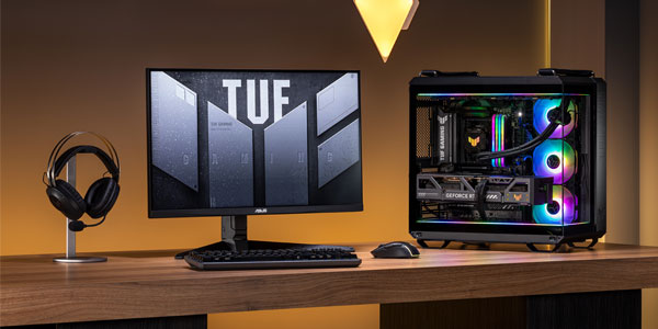 A set of TUF Gaming products, including a motherboard, graphics card, peripherals and monitor.