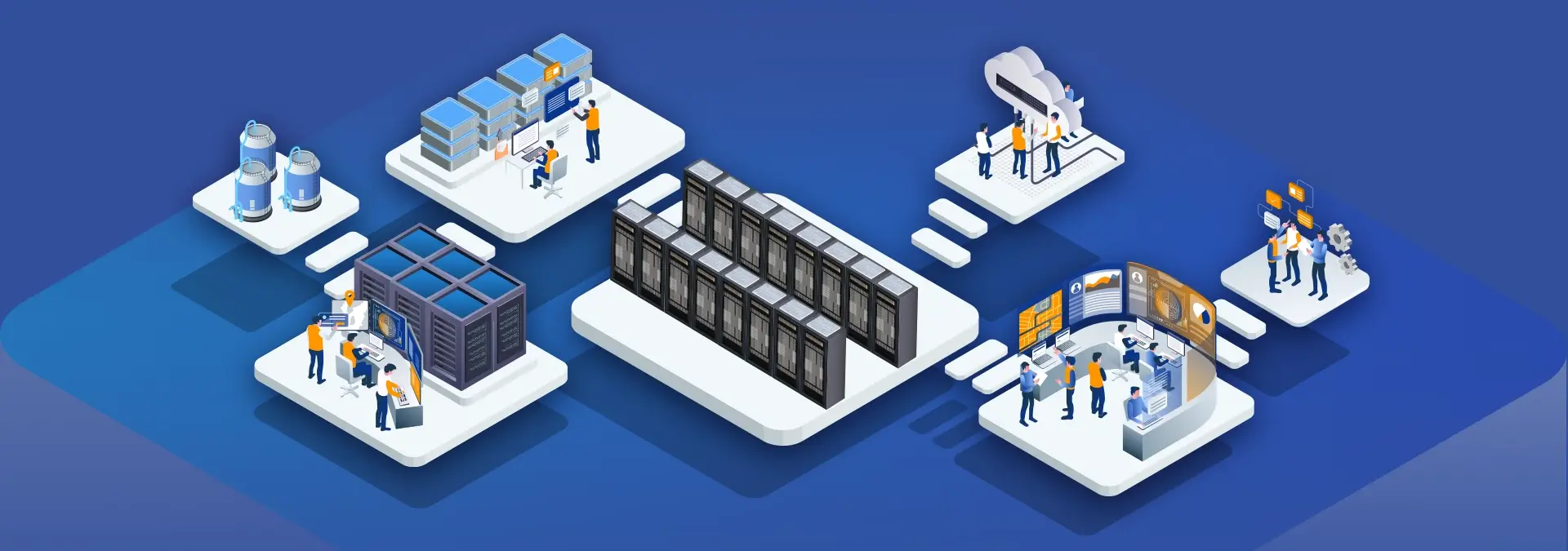 Isometric illustration of the ASUS AI Infrastructure data center infographic featuring three warter towers, two rows of GPU servers, a central control hub with a large display screen, icons for cloud services and storage devices, and groups of people collaborating and interacting with technology—conveying a high-tech and dynamic environment.