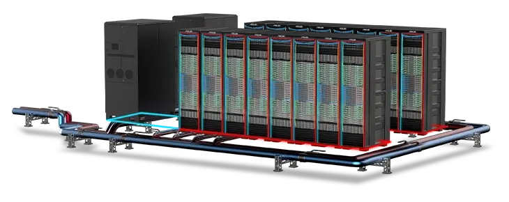 ASUS liquid-cooled solution featuring two rows of GB200 NVL72 units with two CDUs and an integrated pipeline system beneath.