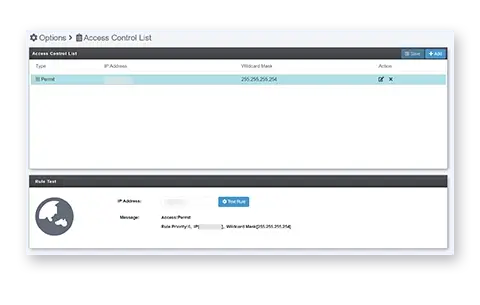 The access control management interface allows administrators to verify account IP addresses to determine login permissions.