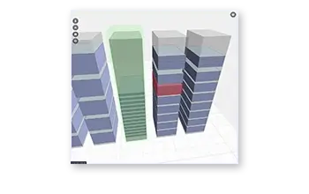 A 3D schematic illustrates four data center racks with different colors to showcase the health status.
