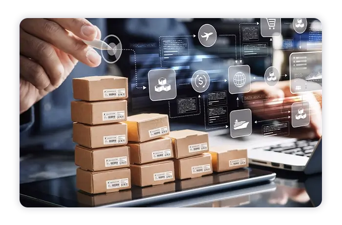 using one hand to manage various inventory and visualization software with icons floating in the air.