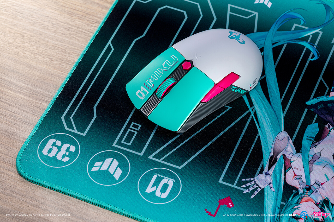 The TUF Gaming Mini Wireless Mouse on the P1 mouse pad of Hatsune Miku Edition