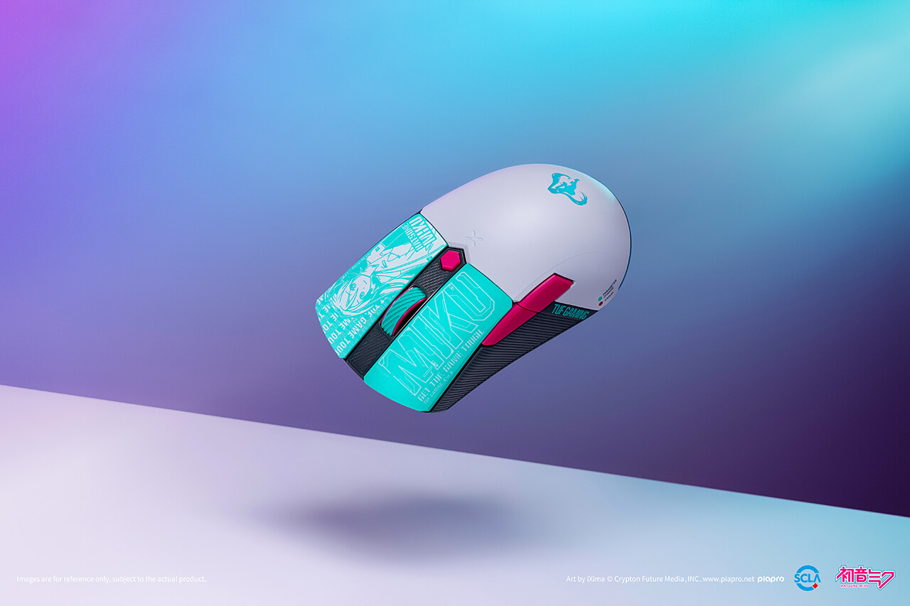 The front view of TUF Gaming Mini Wireless Mouse on the top of the table