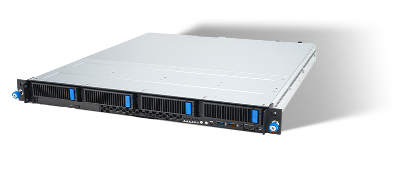 Another view of the 1U ASUS rack server from a slightly lower angle, highlighting the front panel with multiple hot-swappable drive bays, ventilation for airflow, and modular architecture
