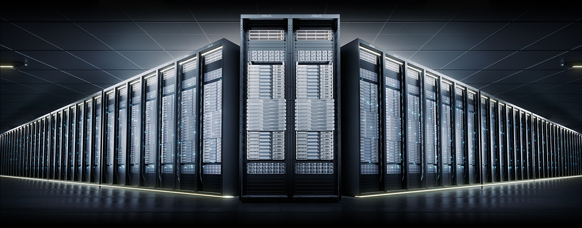 Front view of ASUS AI POD data center infrastructure featuring NVIDIA GB300 NVL72 servers, with symmetrical rows of high-performance server racks under futuristic lighting