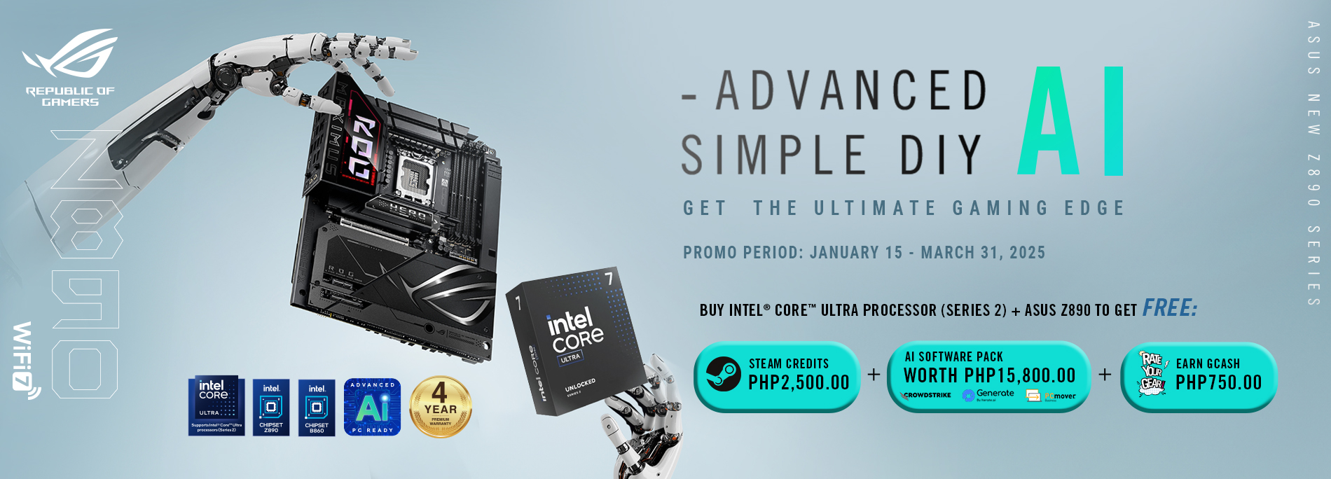 Get P2,500 in Steam Credits and P15,800 in AI applications on ASUS Z890 and Intel Series 2 CPU combos!