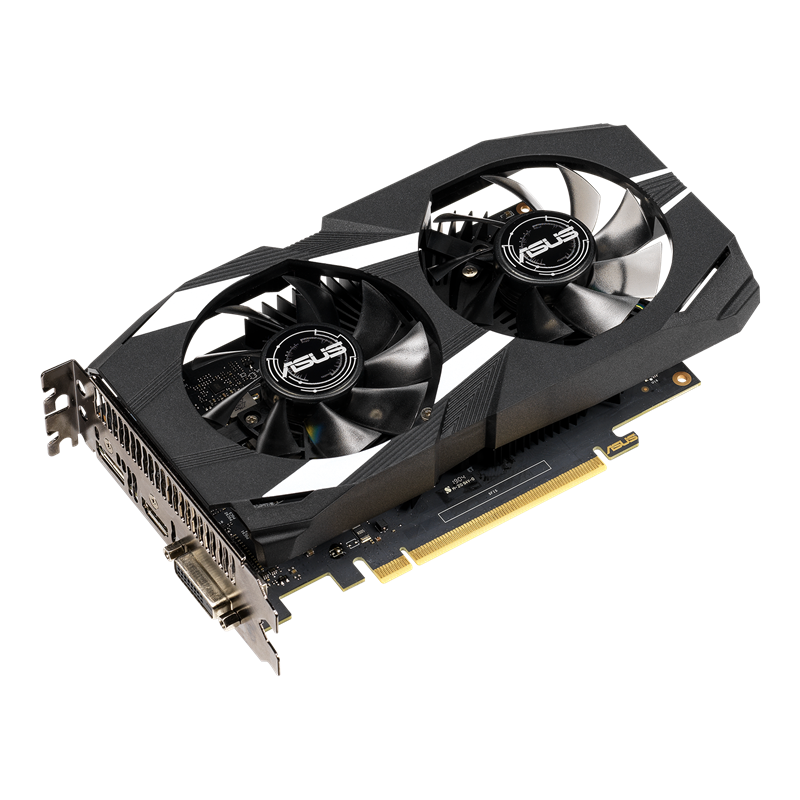 Dual GeForce GTX 1650 graphics card, front angled view, highlighting the fans, I/O ports