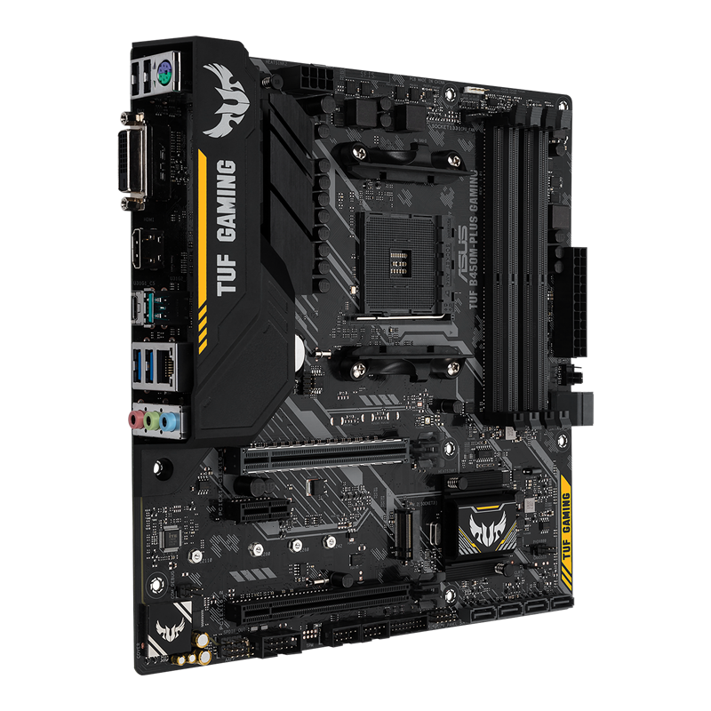 TUF B450M-PLUS GAMING front view, 45 degrees