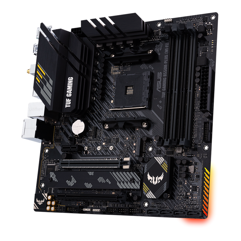 TUF GAMING B550M-PLUS (WI-FI) front view, 45 degrees