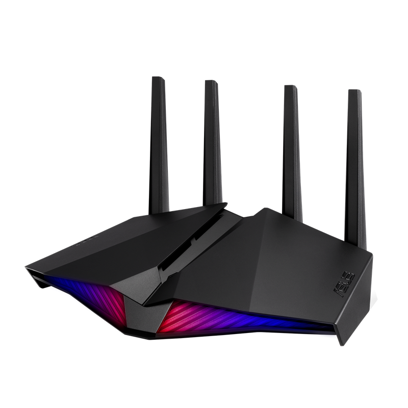 RT-AX82U front view, tilted 45 degrees, with Aura lighting