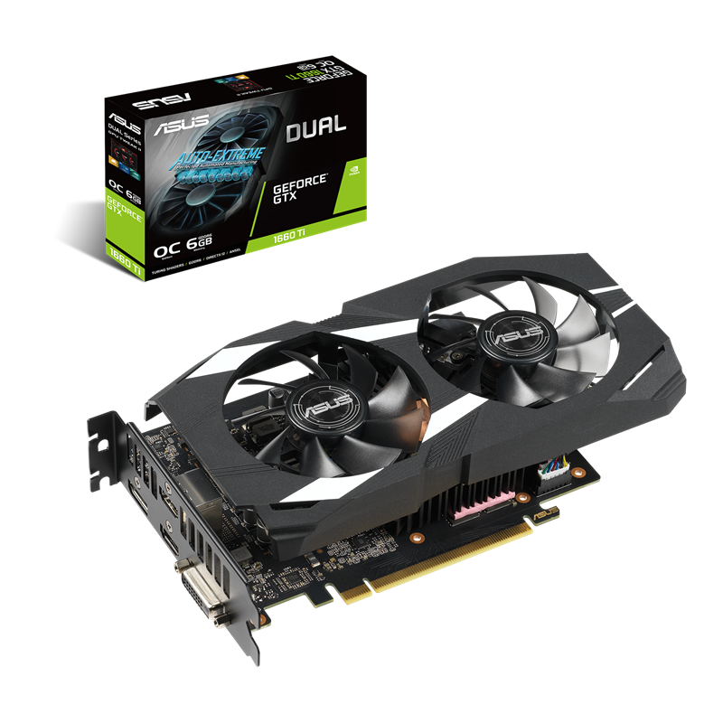 Dual GeForce GTX 1660 Ti OC edition packaging and graphics card