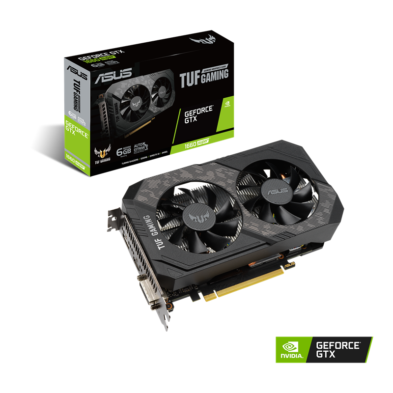 TUF Gaming GeForce GTX 1660 SUPER 6GB GDDR6 Packaging and graphics card with NVIDIA logo