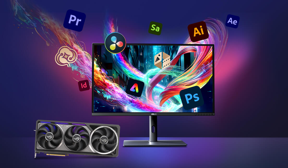 Monitor i ROG Astral na biurku, z logo produktów Adobe unoszącymi się wokół monitora
