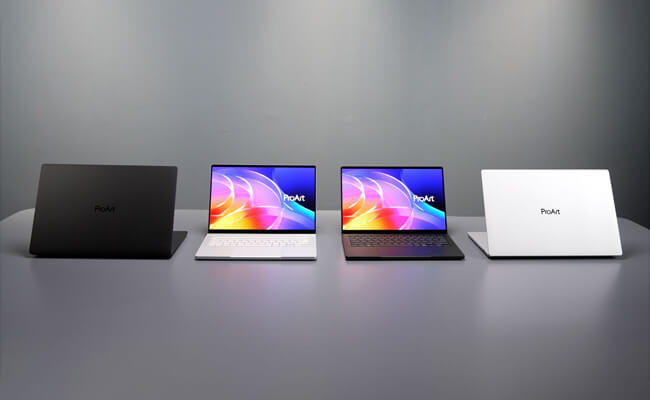 A man creating digital content on a high-performance ProArt P16 laptop and a large monitor in a modern office.
