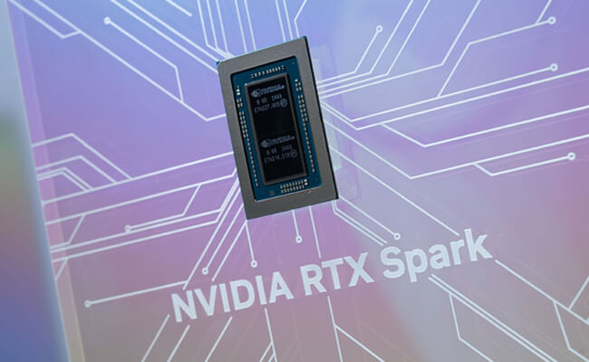 A close-up of an NVIDIA processor chip mounted on a display board featuring circuit patterns and
