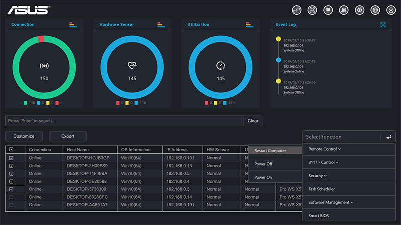 Dashboard gebruikersinterface van ASUS Control Center Express