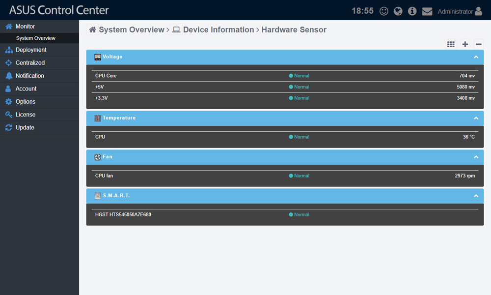 Dashboard gebruikersinterface van ASUS Control Center