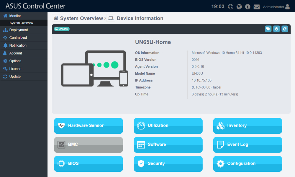 Dashboard gebruikersinterface van ASUS Control Center