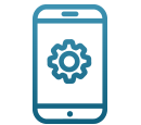 Icon of smartphone with a gear on the screen indicating smart device control to stay in command remotely.