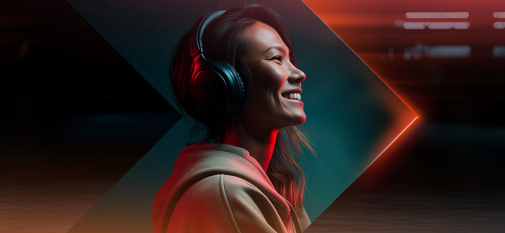 Promotional graphic for gaming with a slogan, highlighting performance and graphics, including AMD and ASUS logos, with a gaming headphone visible.