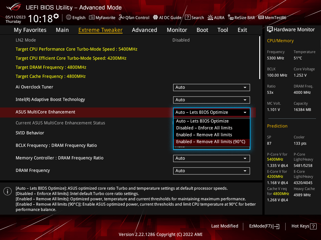 UI von ASUS MultiCore Enhancement