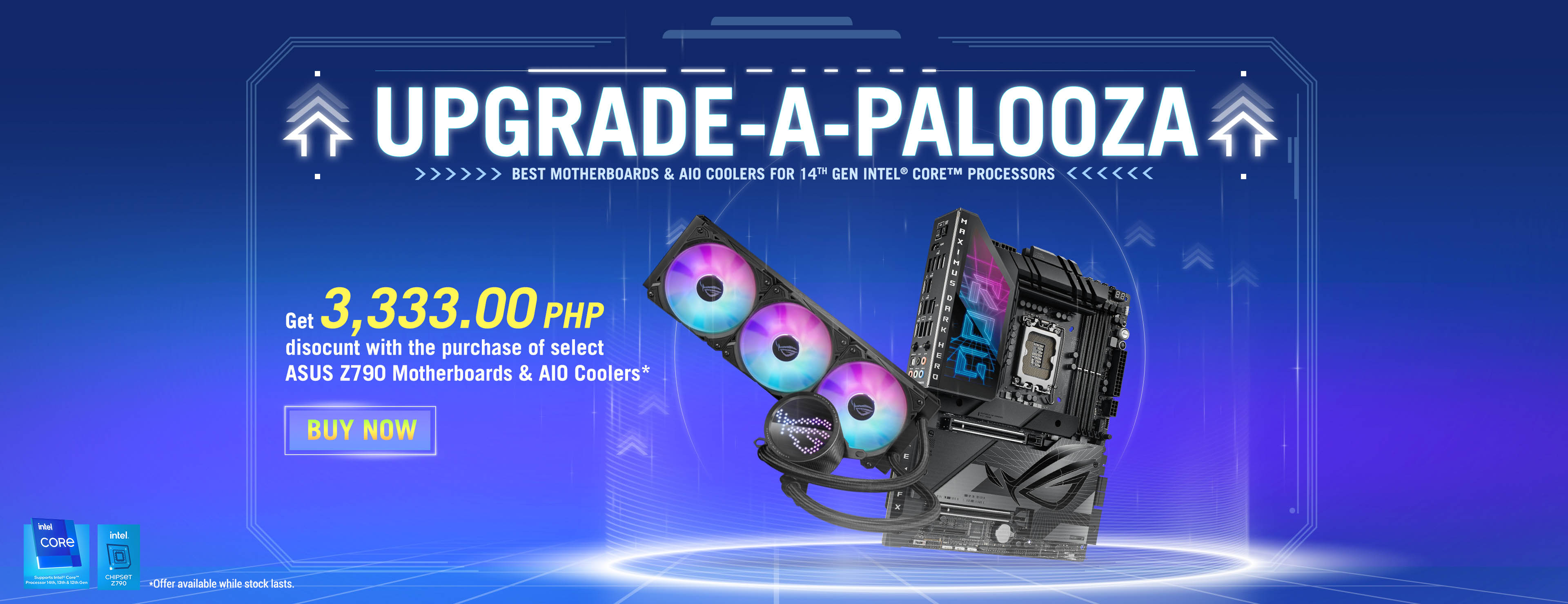 Upgrade a Palooza Giveaway Banner to showcase a diverse range of prizes, including Intel® Core™ i9 processor 14900K, ROG MAXIMUS Z790 FORMULA , ROG Strix 1000W Gold Aura Edition, TUF GAMING GeForce RTX™ 4060 Ti 8GB GDDR6 OC Edition, ROG Strix Scope II 96 Wireless, ROG Harpe Ace Aim Lab Edition, ROG Delta S Core, ROG Strix XG259QN