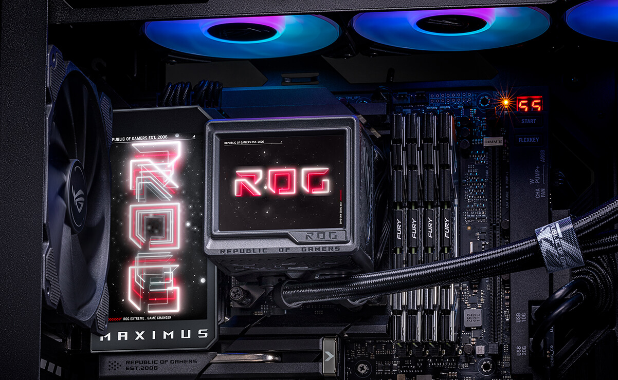 Internal photos of a PC build featuring ROG MAXIMUS Z890 EXTREME motherboard and ROG Ryujin III 360 ARGB Extreme AIO cooler