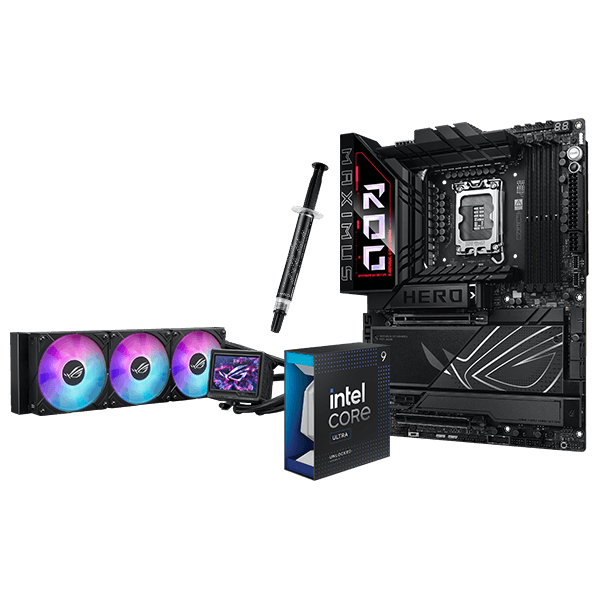 Intel® Core™ Ultra 9 Processor 285K, ROG Maximus Z890 Hero, ROG Ryujin III 360 ARGB Extreme and ROG RG-07 performance thermal paste kit, 45° angle shot