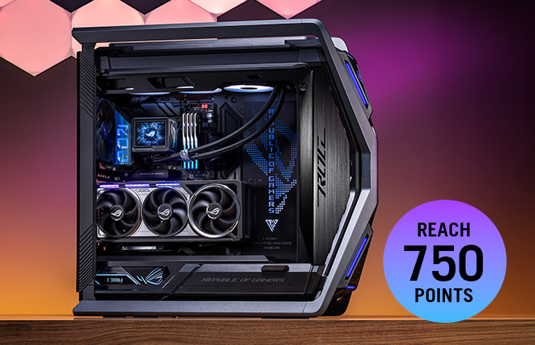 Liste de souhaits pour le PC de vos rêves. Badge « Atteignez 750 points », bouton « Essayer maintenant » sur fond noir